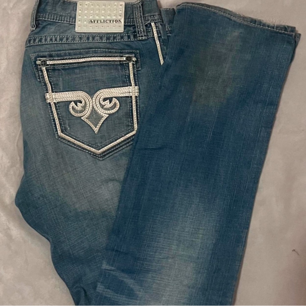 Affliction Blue Boot Cut Jeans with Decorative Stitching